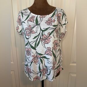 Cynthia Rowley Pink and Green Floral 100% Linen Short Sleeve Top Size Large
